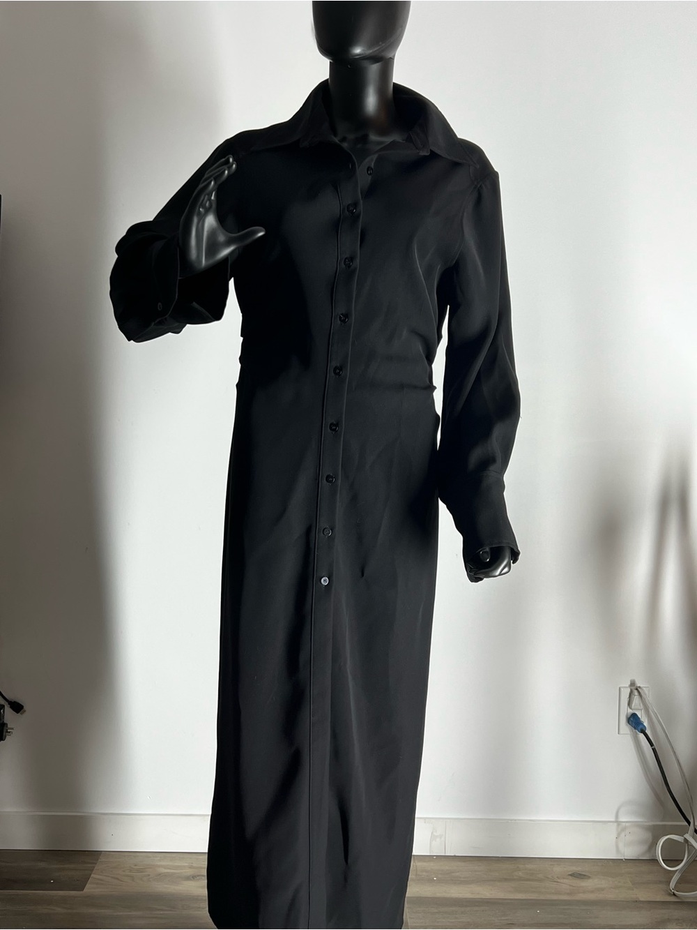Zara Black Long Sleeve Button-Front Maxi Shirt Dress